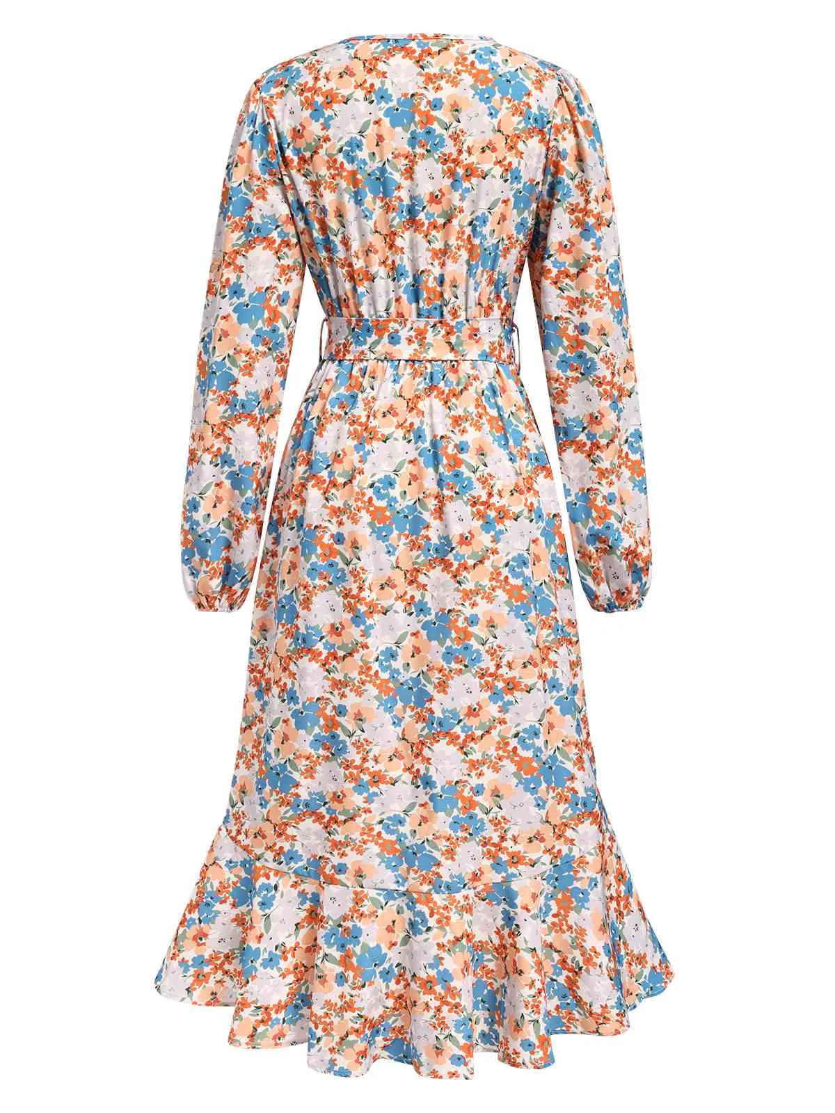 1940s Wrap Floral Ruffled Hem Belted Dress