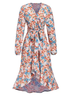 1940s Wrap Floral Ruffled Hem Belted Dress