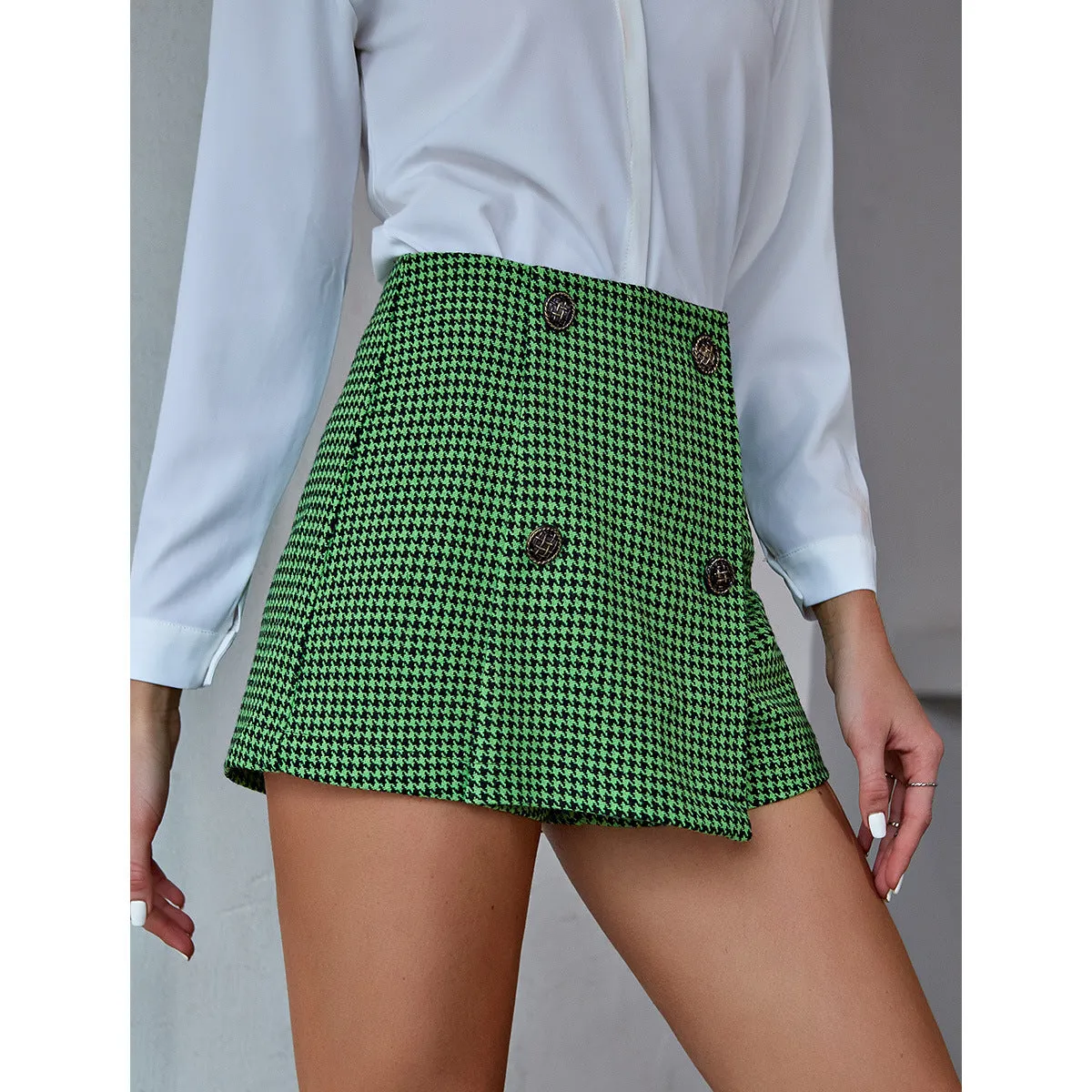 2022 fall winter high waist A-line short skirt pants plaid houndstooth double placket fashionable shorts