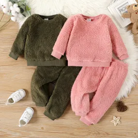 2pcs Baby Boy/Girl Thermal Fuzzy Long-sleeve Pullover and Pants Set