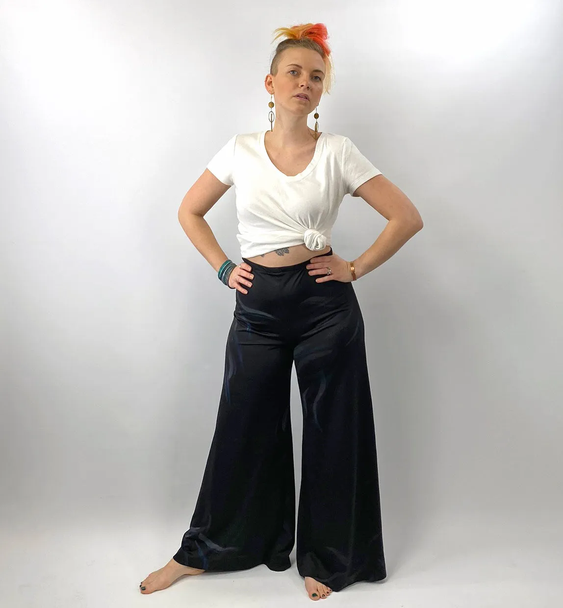 70s Vintage Palazzo Pants Air Brushed Stretchy Black Jersey High Waisted VFG