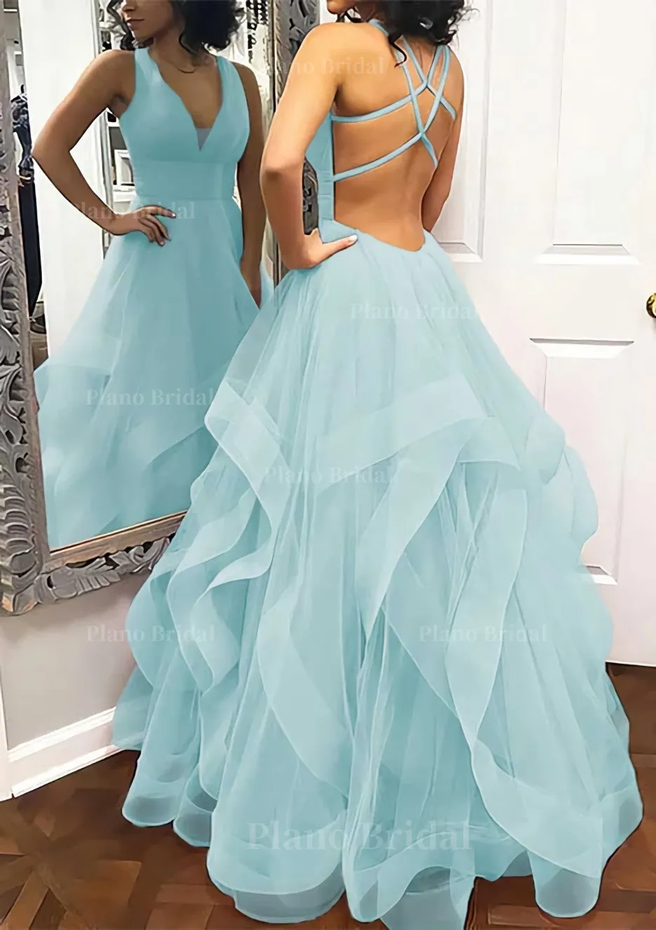 A-line Princess V Neck Sleeveless Tulle Long/Floor-Length Prom Dress With Pleated