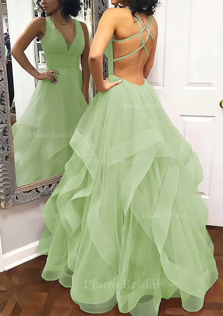 A-line Princess V Neck Sleeveless Tulle Long/Floor-Length Prom Dress With Pleated