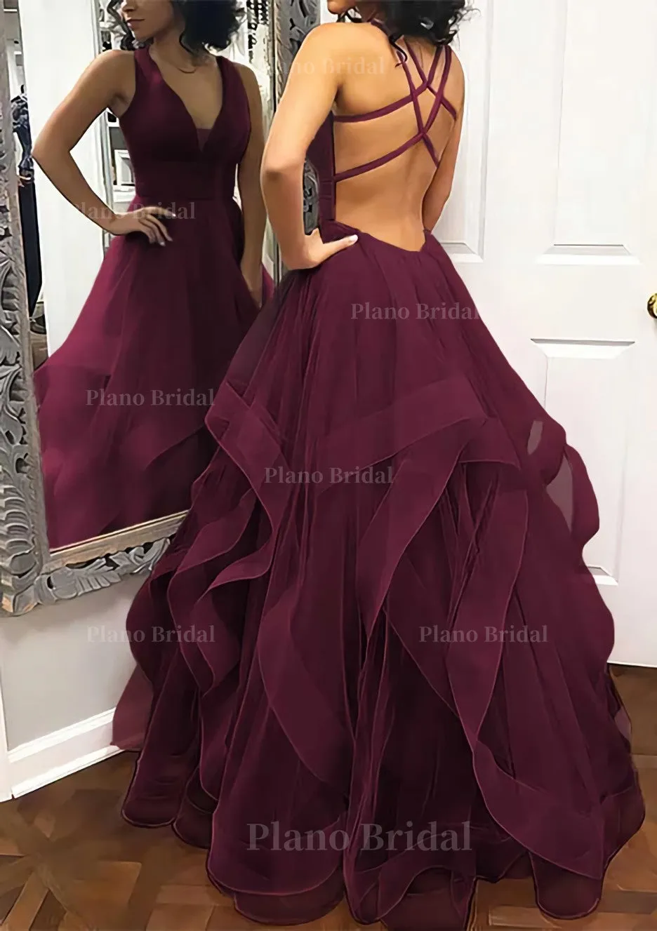 A-line Princess V Neck Sleeveless Tulle Long/Floor-Length Prom Dress With Pleated