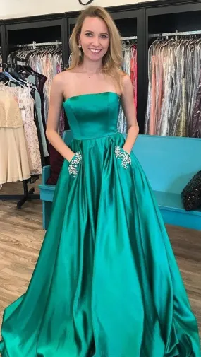 A line Strapless Green Prom Dress with Pocket