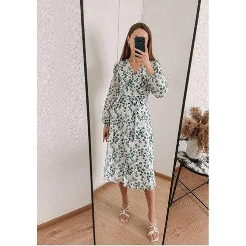 Aline Leaf Printed Long-sleeved V-neck Wrap Dress