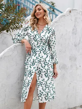 Aline Leaf Printed Long-sleeved V-neck Wrap Dress