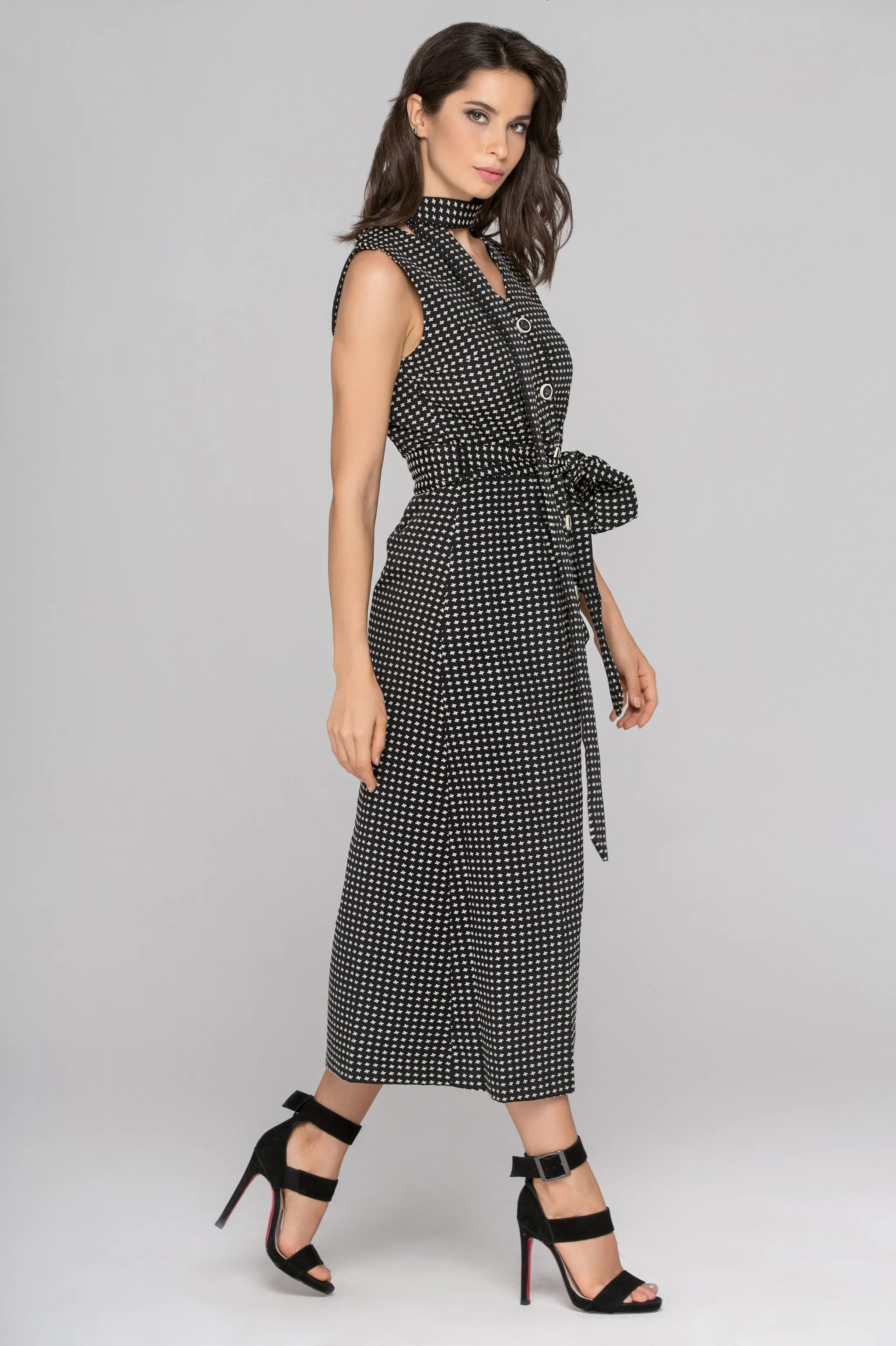 Black Sleeveless Reverse Houndstooth Button Up Midi Dress