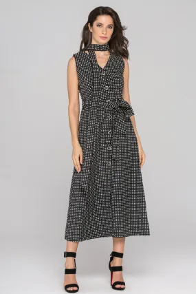 Black Sleeveless Reverse Houndstooth Button Up Midi Dress