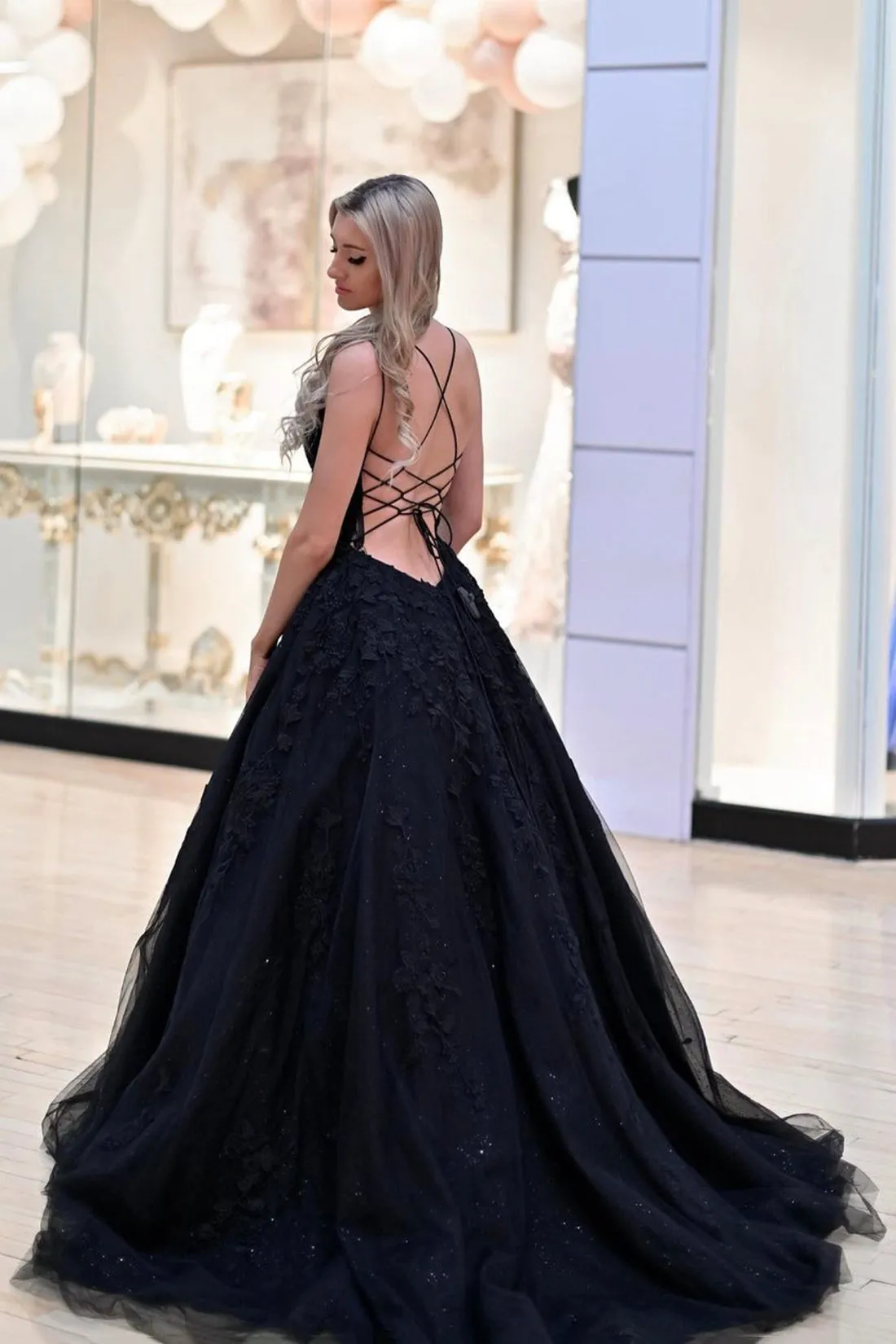 Black Tulle Lace Long Prom Dress, A-Line Backless Evening Party Dress