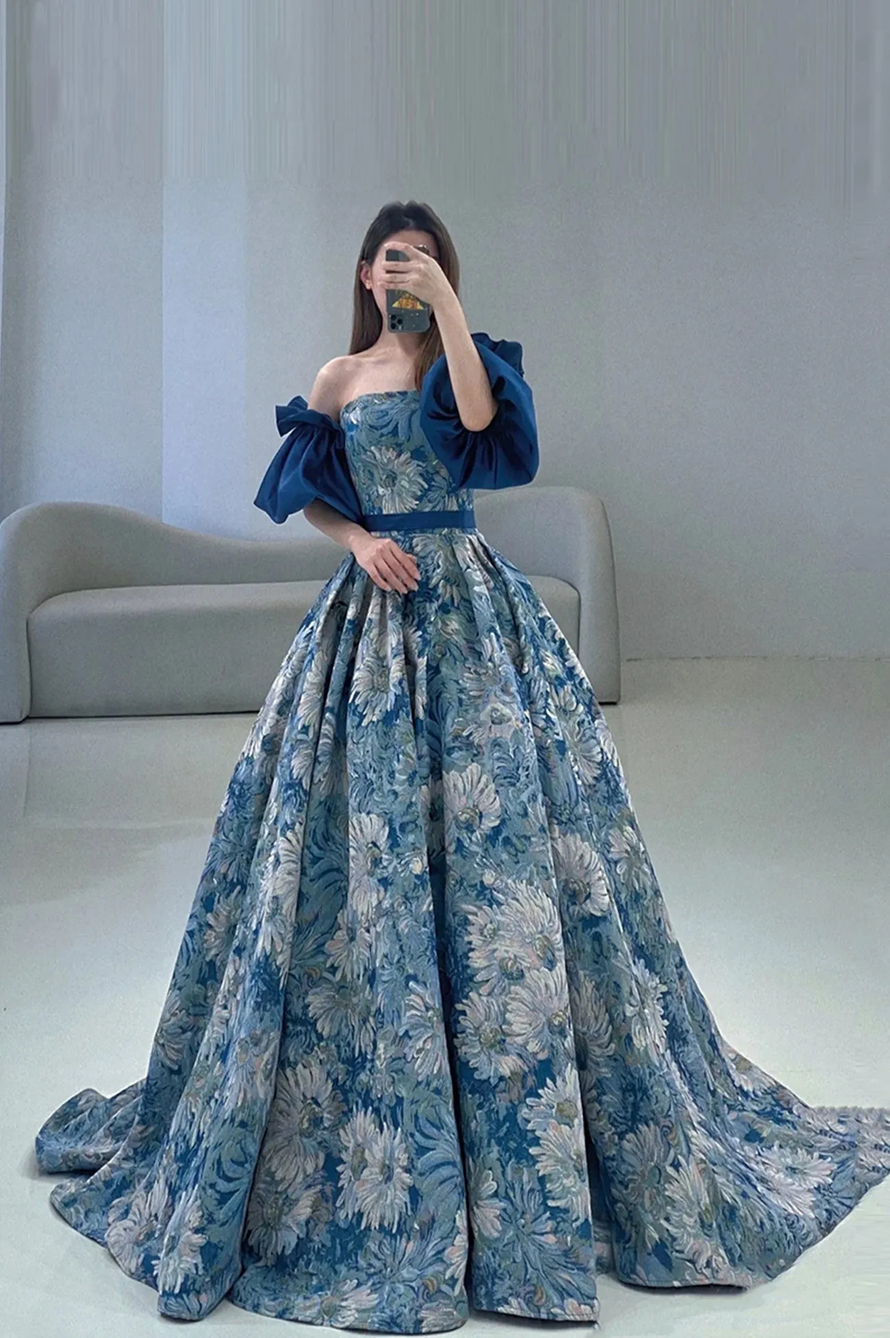 Blue Floral Pattern Long Senior Prom Dress, Off the Shoulder Evening Party Dress