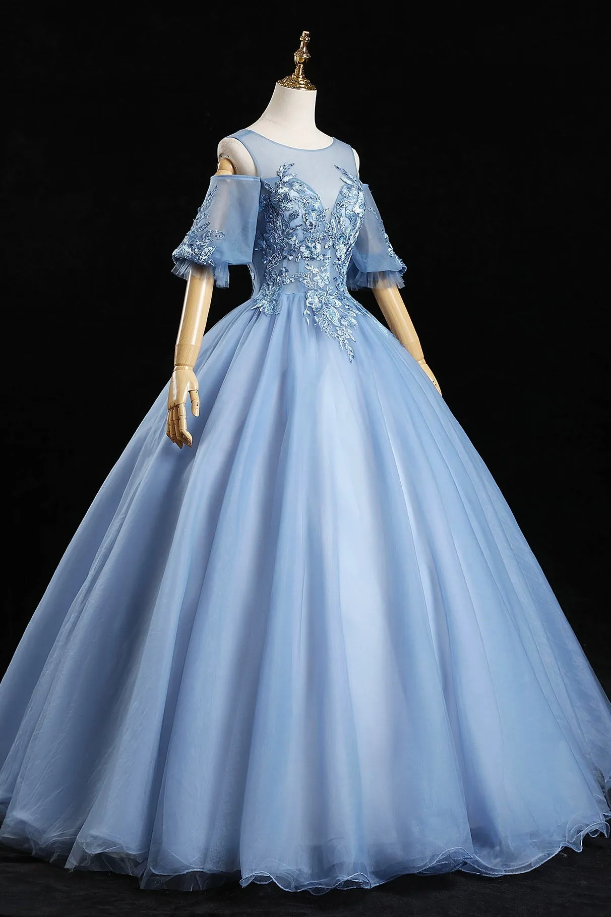 Blue Lace Long A-Line Ball Gown, Blue Formal Party Dress