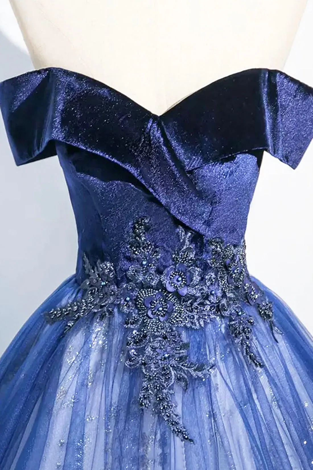 Blue Velvet Sequins Long Prom Dress, Elegant Off the Shoulder Party Dress