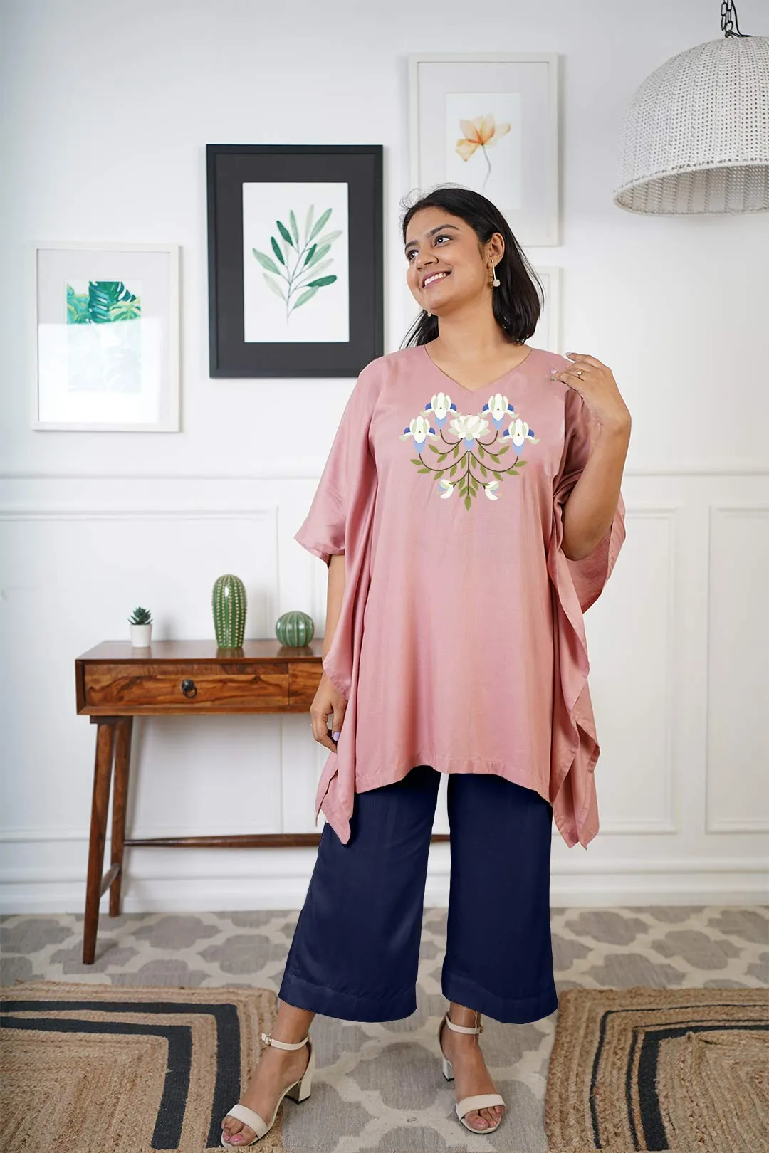 Blush Rayon Kurti & Navy Palazzo - Floralista