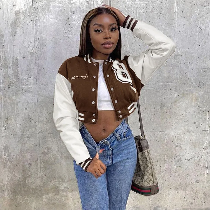 Brown Cropped Varsity Jacket Slim Fit Stand Collar Baseball Uniform Short Coat