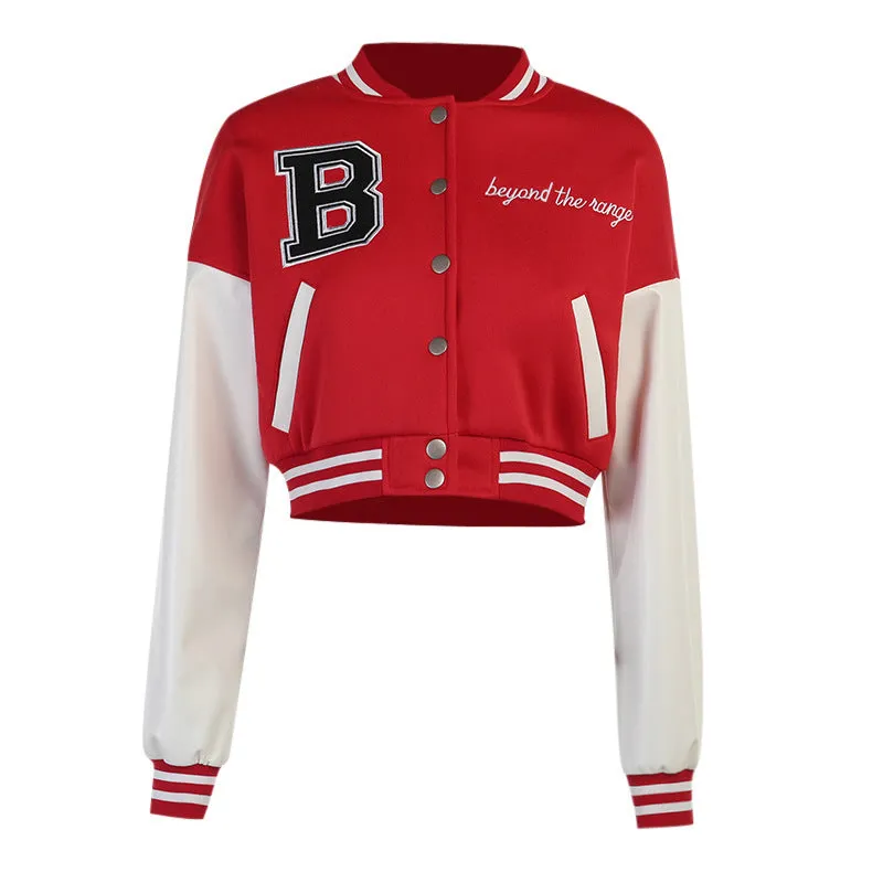 Brown Cropped Varsity Jacket Slim Fit Stand Collar Baseball Uniform Short Coat