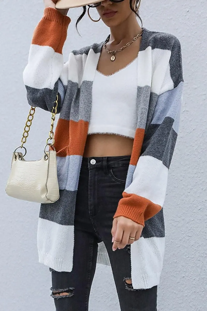 CASUAL COLOR BLOCK OPEN FRONT CARDIGAN