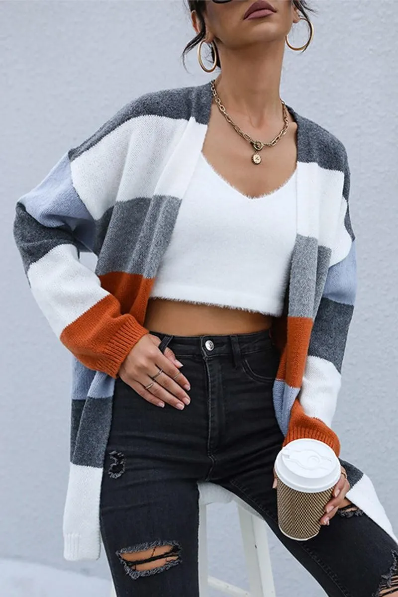 CASUAL COLOR BLOCK OPEN FRONT CARDIGAN