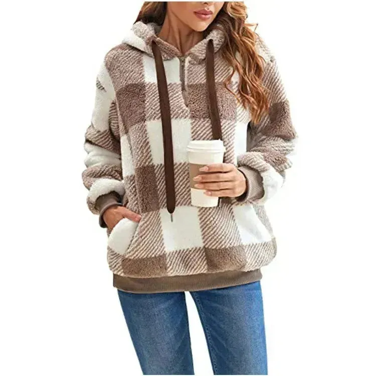 Casual Thick Fleece Plush half zip Plaid Hoodie Pullover top for women