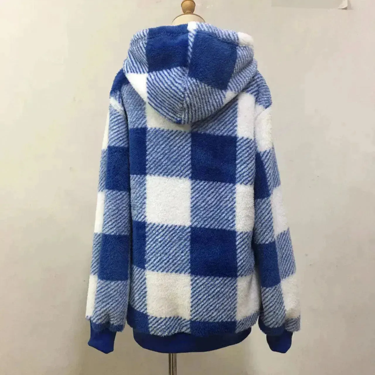 Casual Thick Fleece Plush half zip Plaid Hoodie Pullover top for women