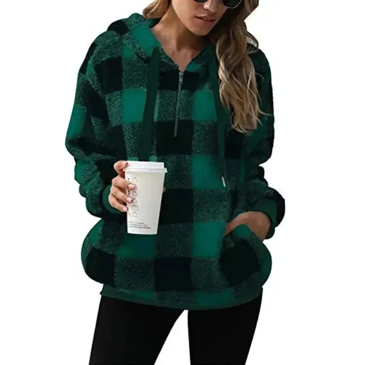 Casual Thick Fleece Plush half zip Plaid Hoodie Pullover top for women