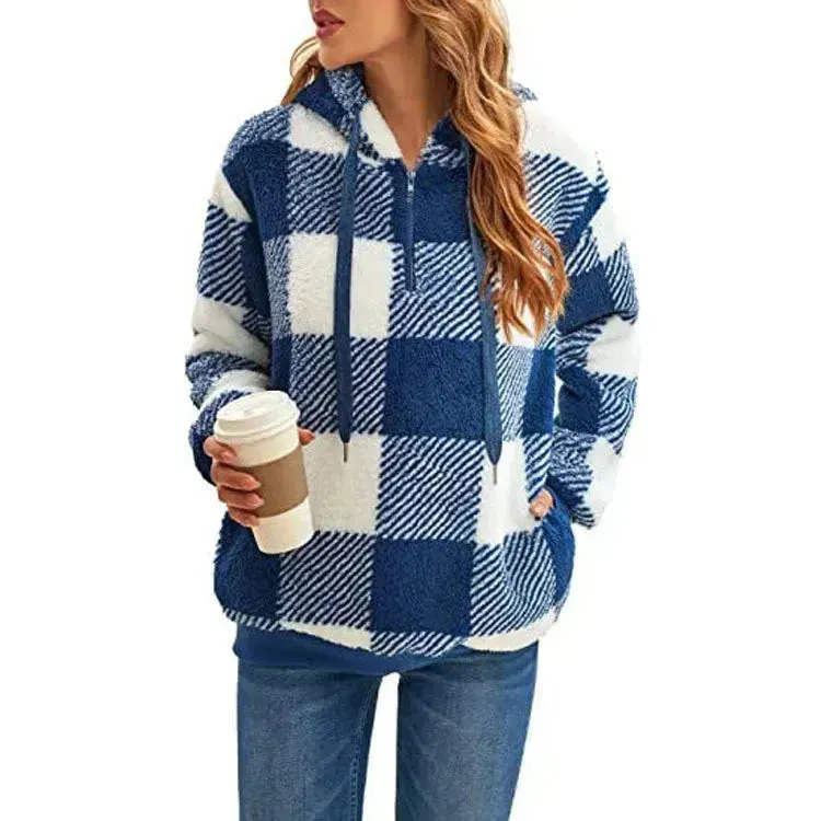 Casual Thick Fleece Plush half zip Plaid Hoodie Pullover top for women