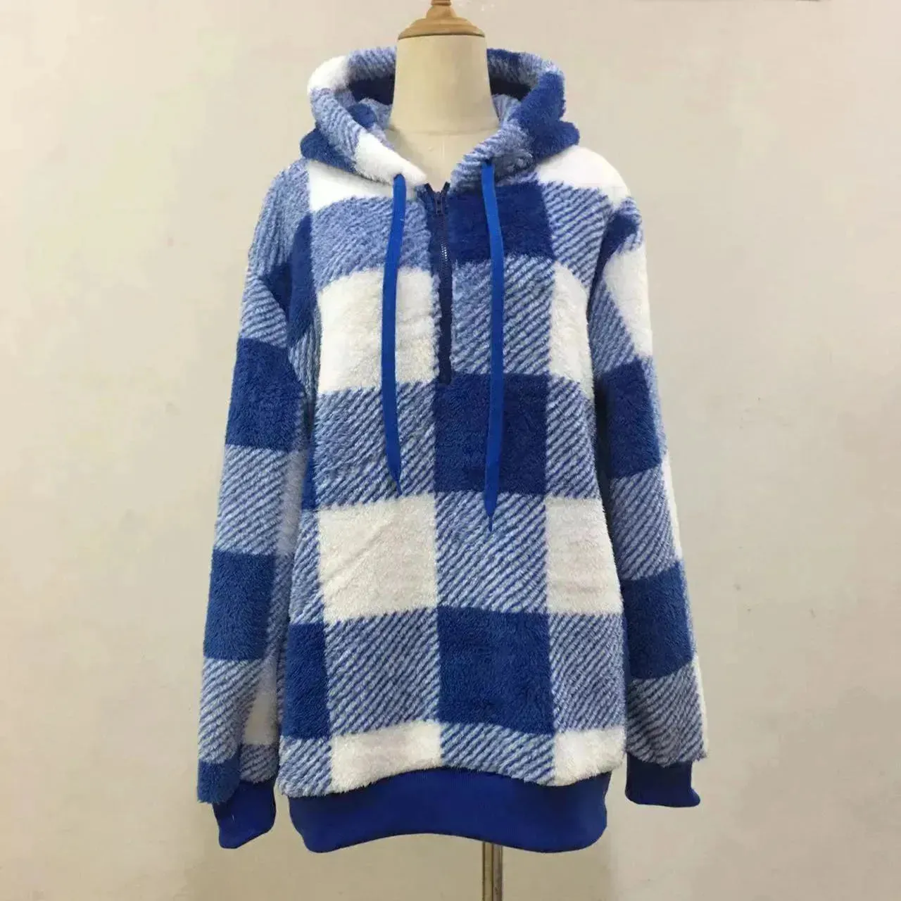 Casual Thick Fleece Plush half zip Plaid Hoodie Pullover top for women