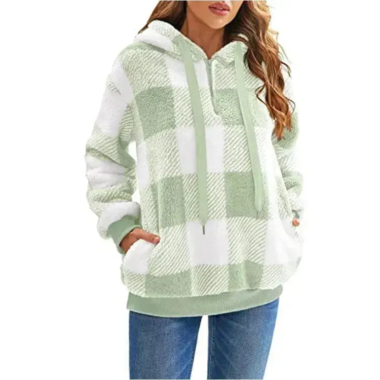 Casual Thick Fleece Plush half zip Plaid Hoodie Pullover top for women