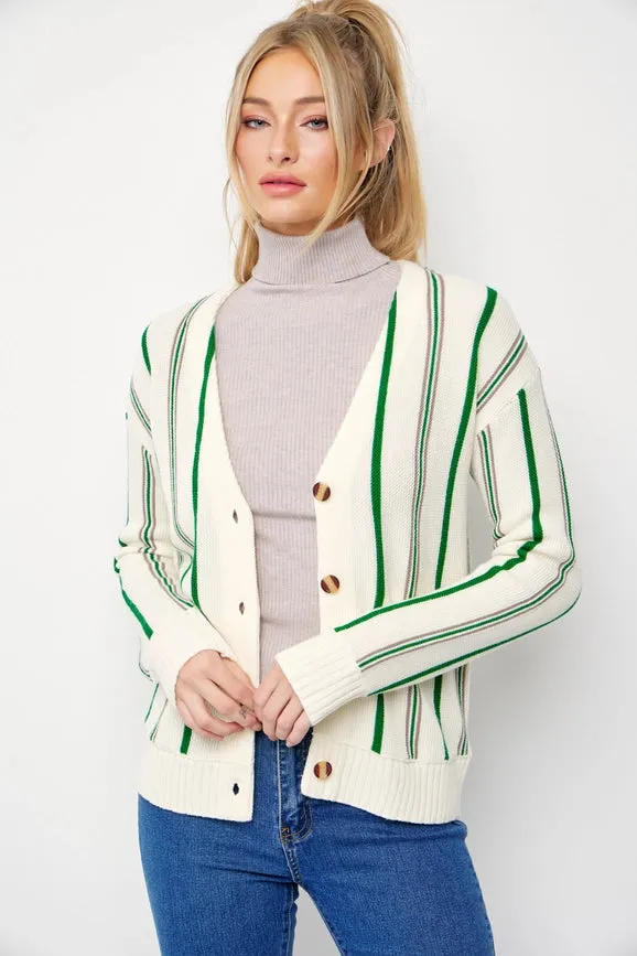 Classic Pinstripe Knit Cardigan CREAM/GREEN