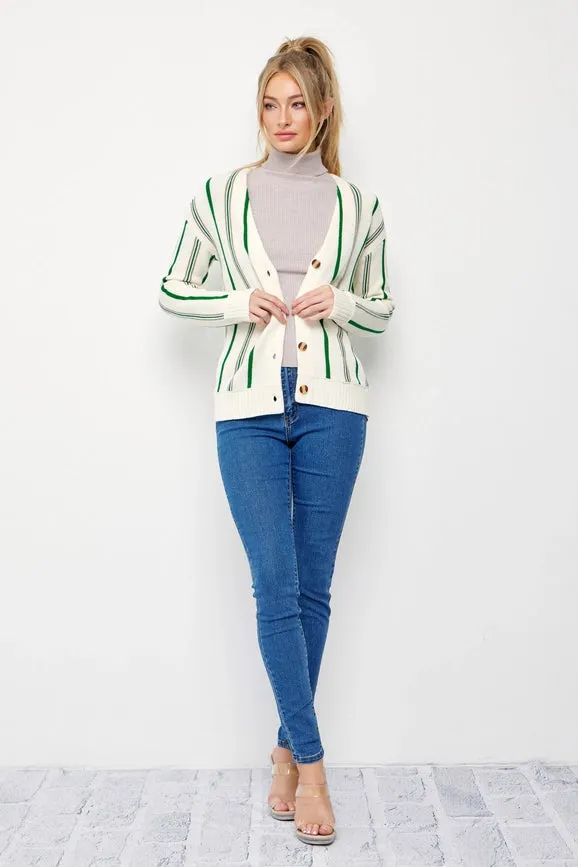 Classic Pinstripe Knit Cardigan CREAM/GREEN