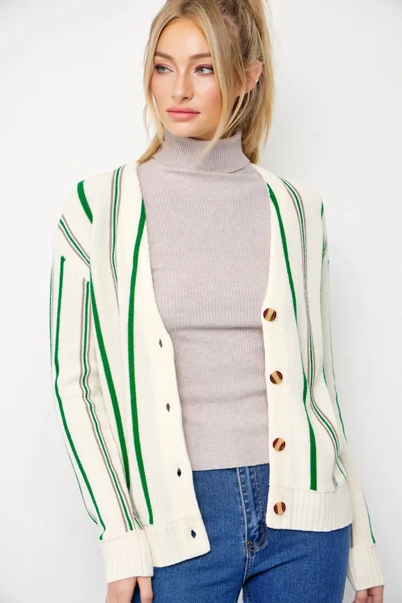 Classic Pinstripe Knit Cardigan CREAM/GREEN