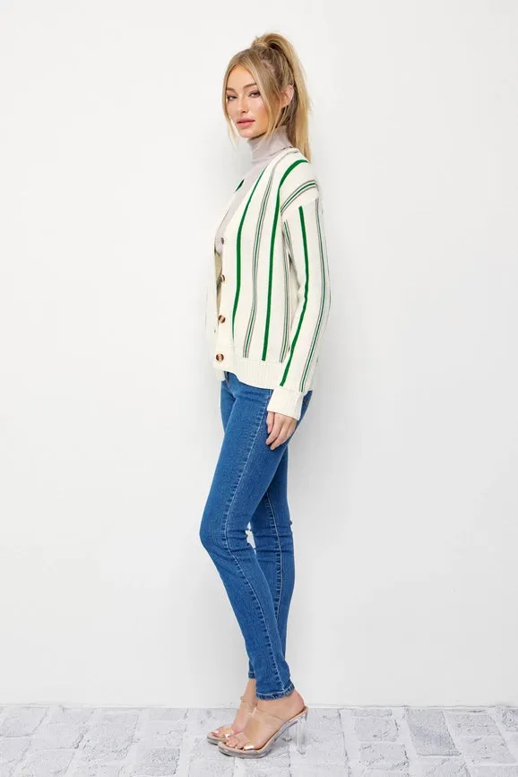 Classic Pinstripe Knit Cardigan CREAM/GREEN