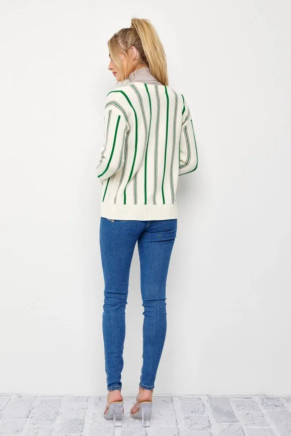 Classic Pinstripe Knit Cardigan CREAM/GREEN