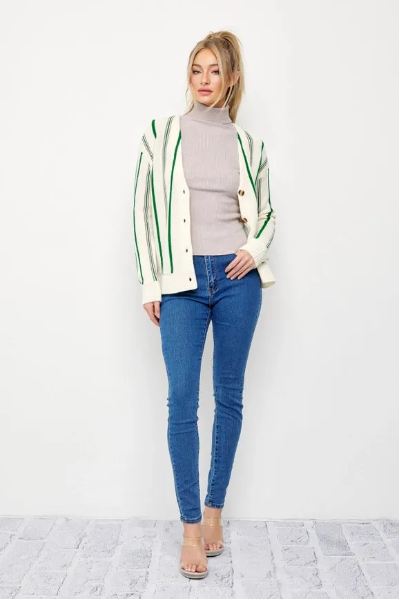 Classic Pinstripe Knit Cardigan CREAM/GREEN