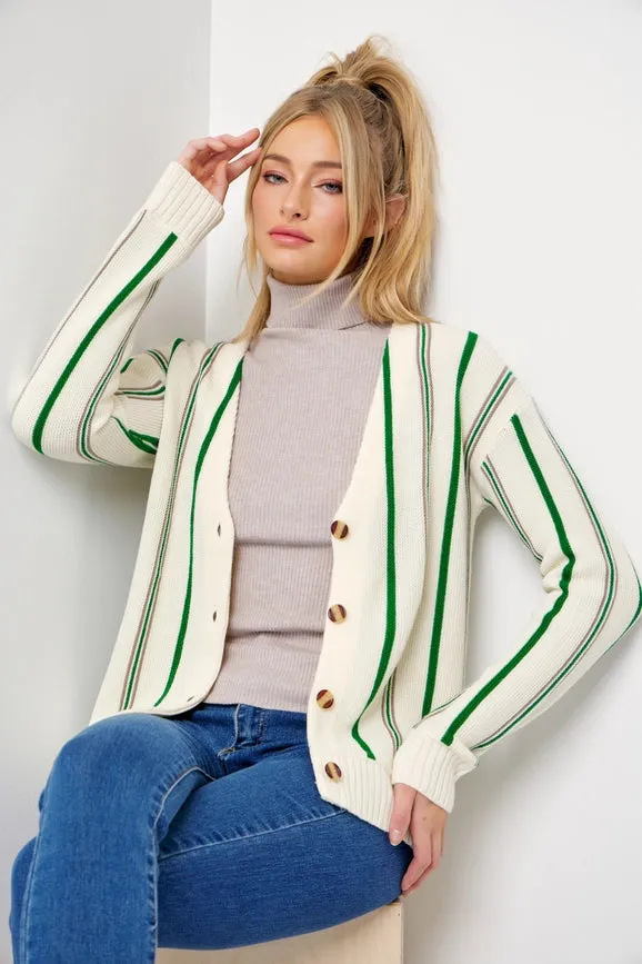 Classic Pinstripe Knit Cardigan CREAM/GREEN