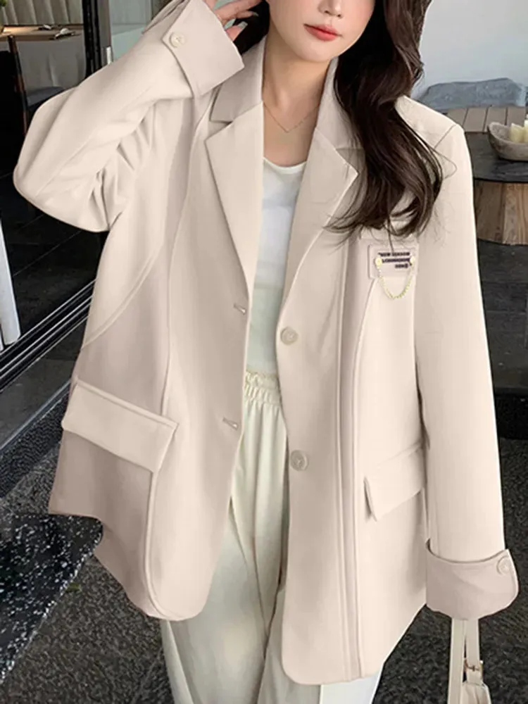 Colorblock Loose Casual Blazers For Women Notched Collar Long Sleeve Patchwork Button Temperament Blazer Female