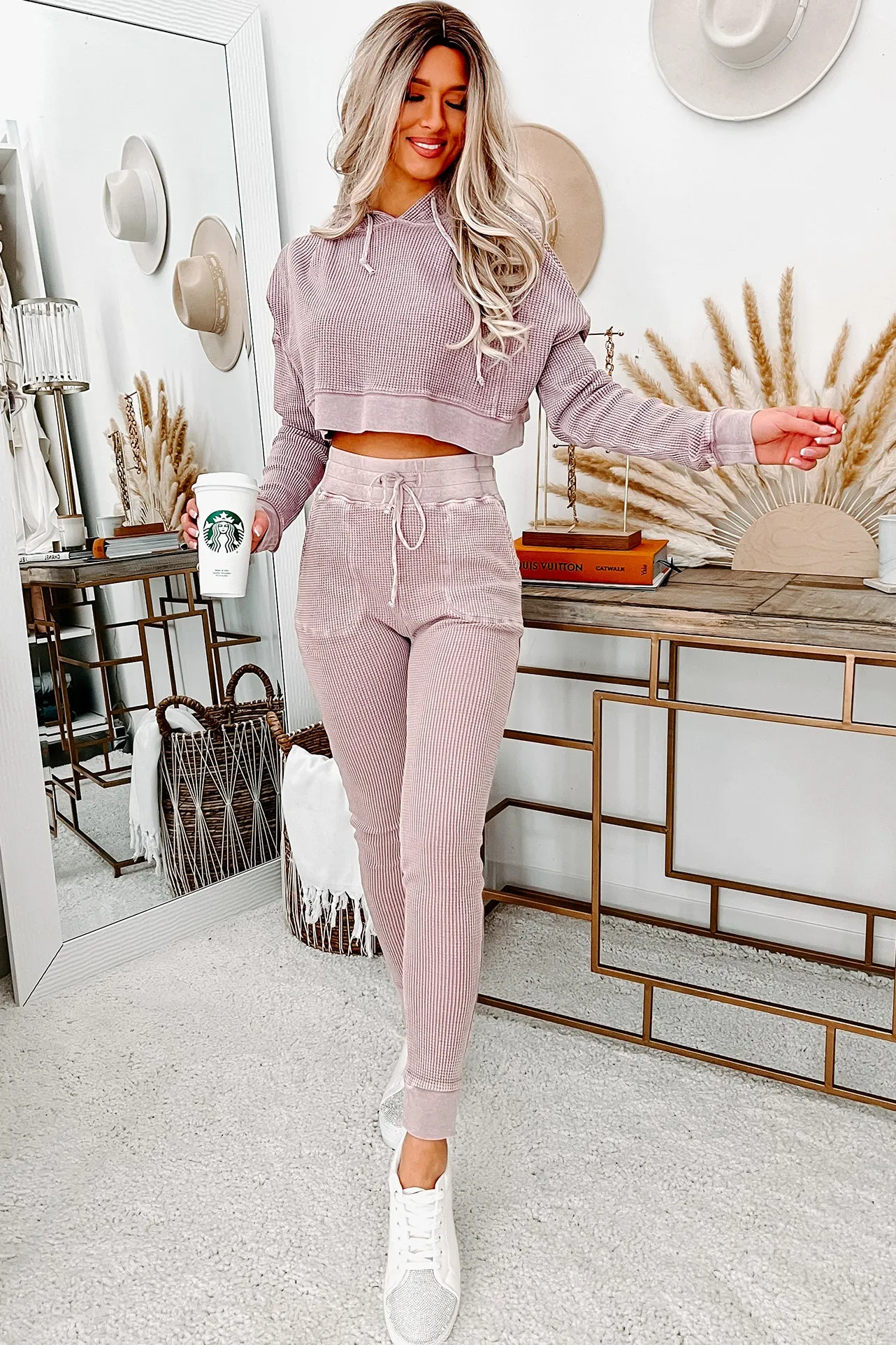 Comfy Vibes Thermal Knit Joggers (Dusty Pink)