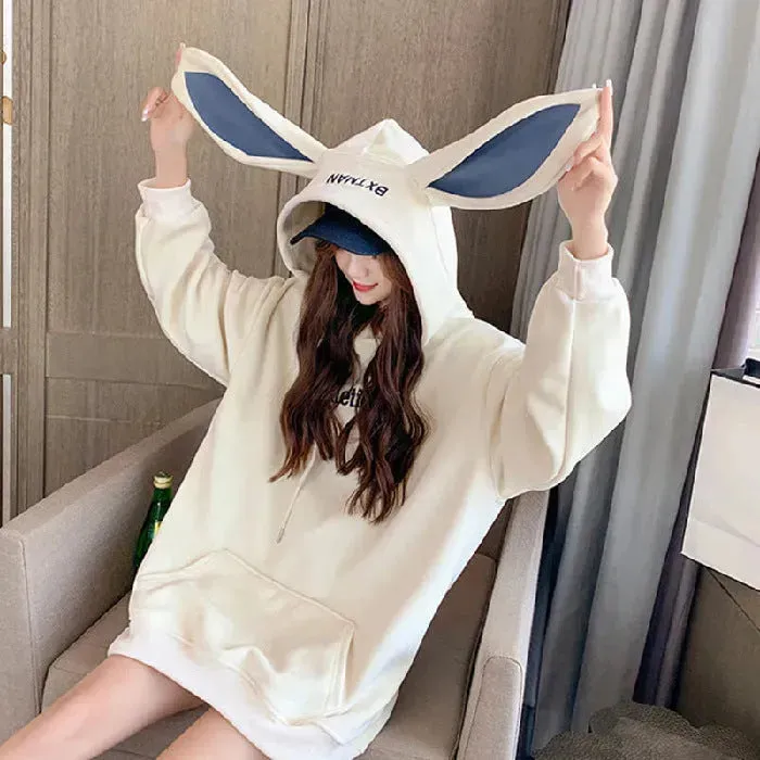 Cute Women Girls Rabbit Ears Plus Velvet Thick Hoodies Pullover Pocket Sweatshirts