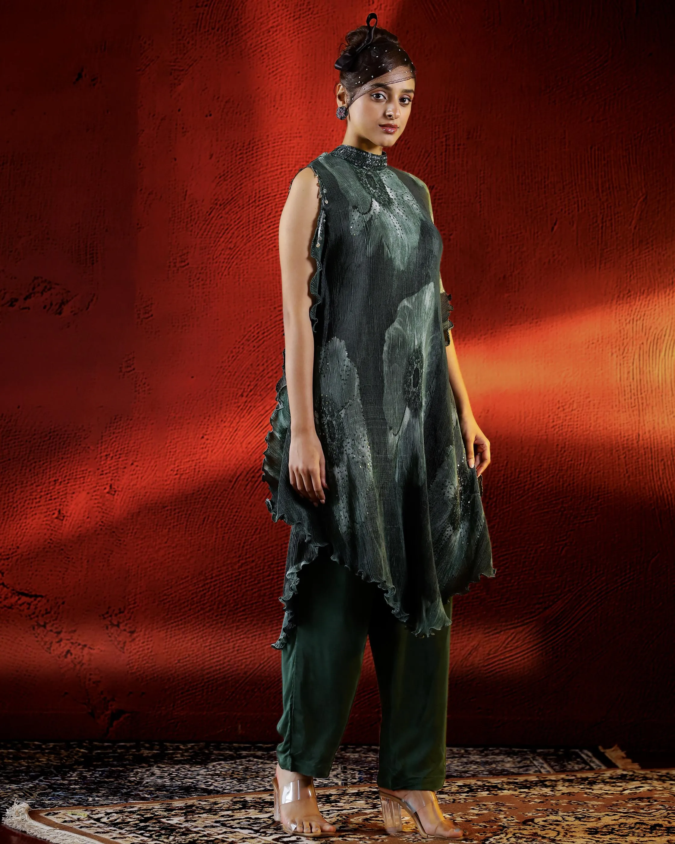 Deep Green Embellished Pleated Lycra Organza Kurta Set