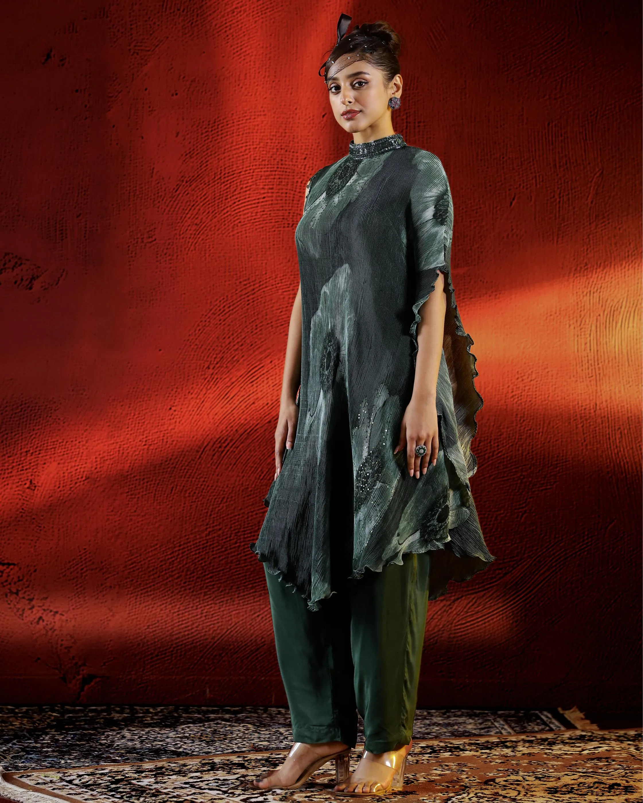 Deep Green Embellished Pleated Lycra Organza Kurta Set