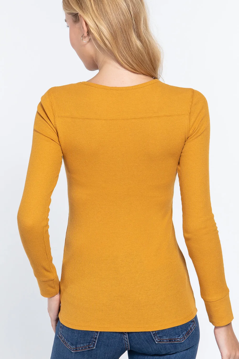 Deep Mustard Yellow Casual Long Sleeve V Neck Button Up Trendy Slim Fit Placket Thermal Top_