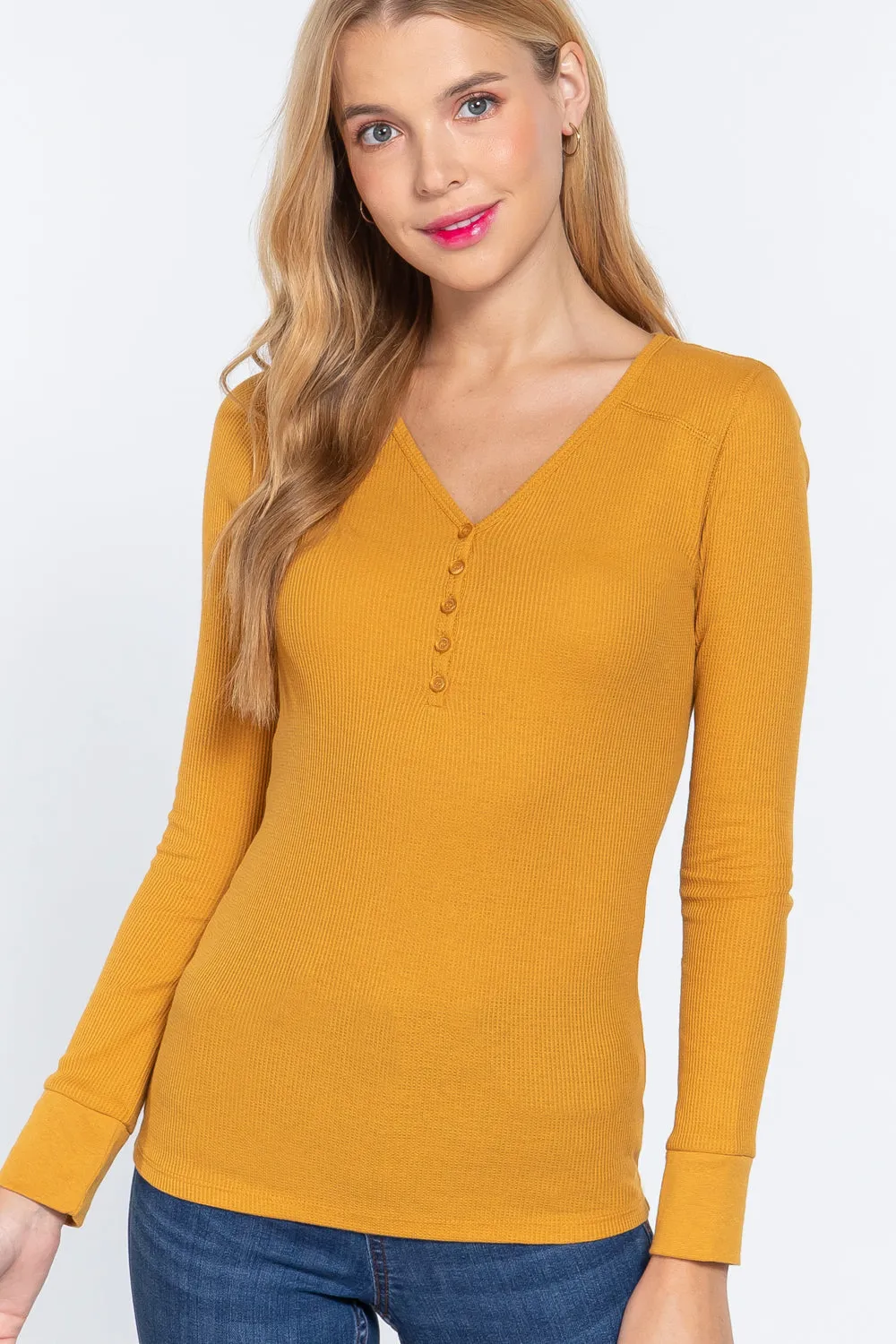 Deep Mustard Yellow Casual Long Sleeve V Neck Button Up Trendy Slim Fit Placket Thermal Top_