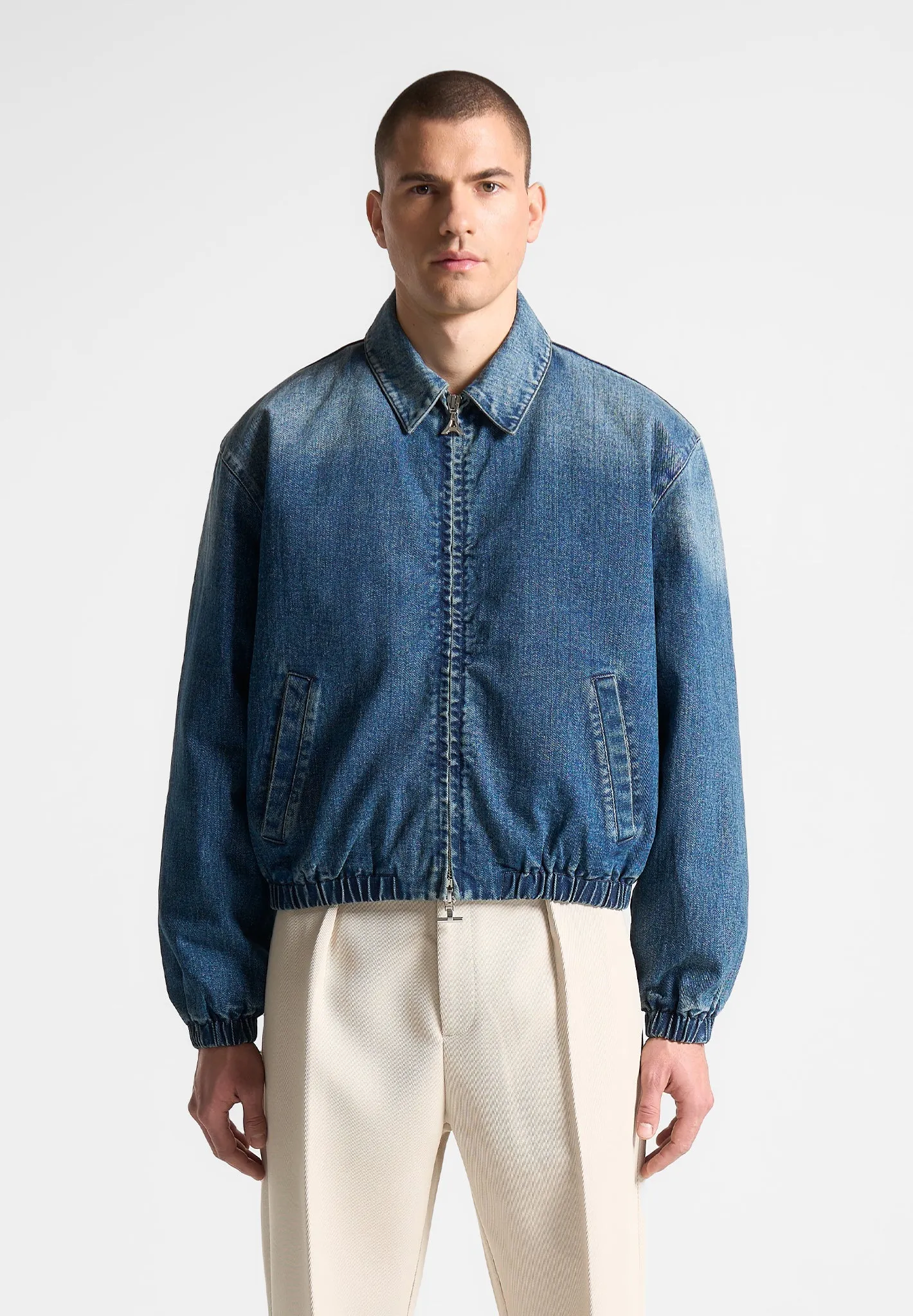 Denim Padded Cropped Bomber Jacket - Mid Blue