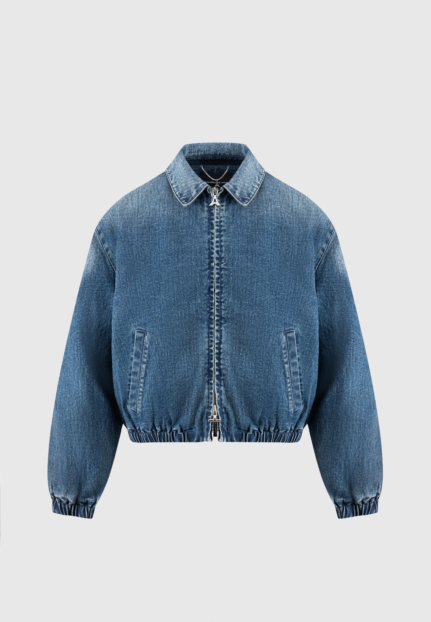 Denim Padded Cropped Bomber Jacket - Mid Blue