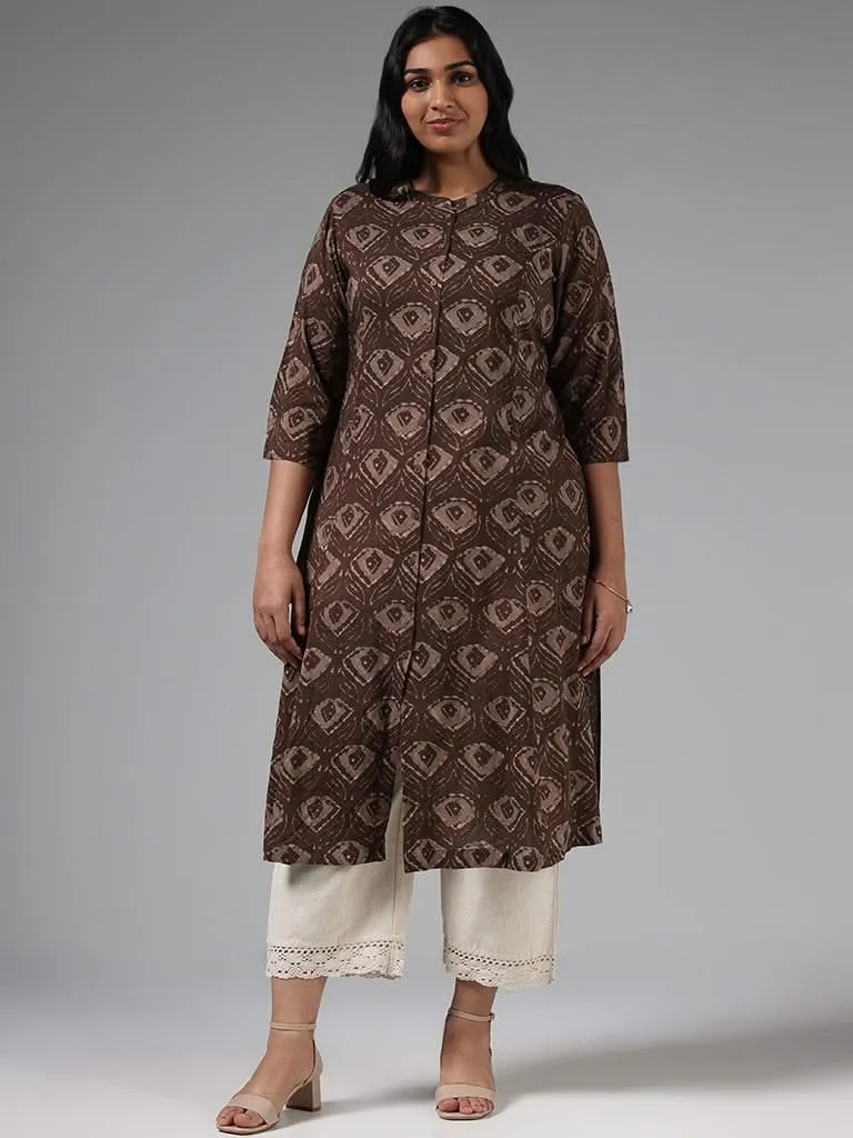 Diza Brown Motif Printed Button Down Kurta