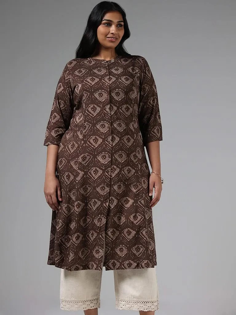 Diza Brown Motif Printed Button Down Kurta