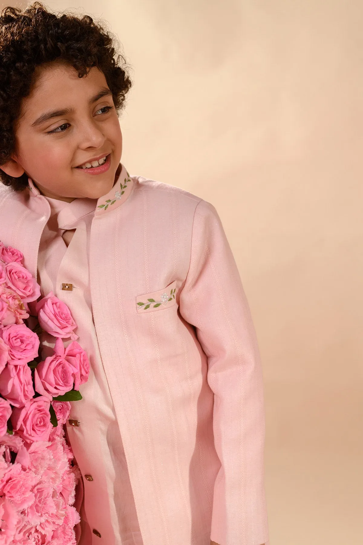 Farrokh- 
Embroidered Pink Achkan Paired With Matching Kurta  &  Trouser Set