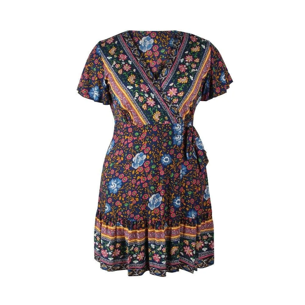 FashionSierra - Plus Size Women Short Sleeve Wrap Boho Floral Mini Dress Fashion Ladies Summer Sundress Casual V Neck Holiday Beach Clothes