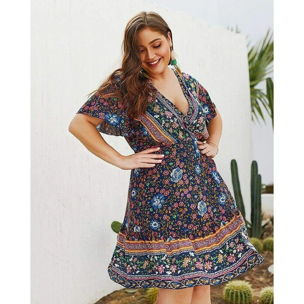 FashionSierra - Plus Size Women Short Sleeve Wrap Boho Floral Mini Dress Fashion Ladies Summer Sundress Casual V Neck Holiday Beach Clothes