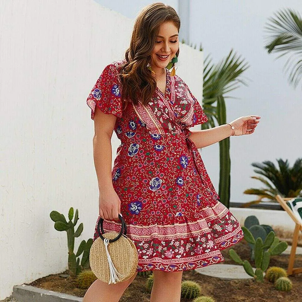 FashionSierra - Plus Size Women Short Sleeve Wrap Boho Floral Mini Dress Fashion Ladies Summer Sundress Casual V Neck Holiday Beach Clothes